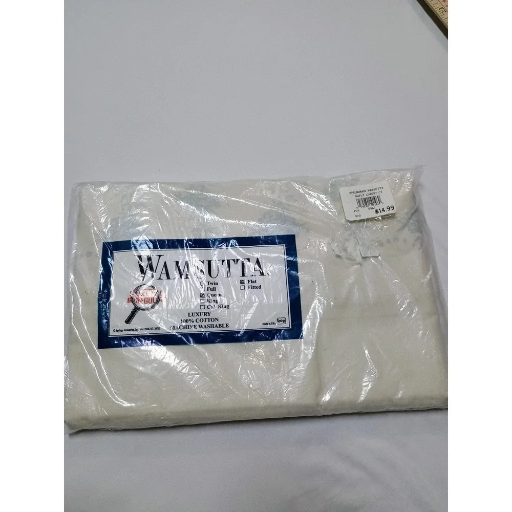 Vtg Wamsutta Cream Blue Floral Flat Sheet Cotton Queen Size